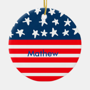 4. Juli Unabhängigkeitstag: Namenstext US-Flagge h Keramik Ornament