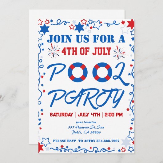 4. Juli Unabhängigkeitstag Pool Party Einladung (Vorne/Hinten)