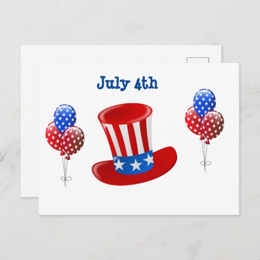 4. Juli Uncle Sam Hat and Balloons Postkarte (Vorne/Hinten)