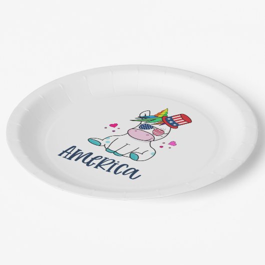 4. Juli Unicorn mit US-Flagge Sun Brillen Pappteller (Schrägansicht)