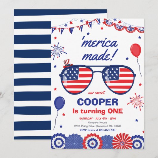 4. Juli US Flagge 1. Geburtstag Einladung (Vorne/Hinten)