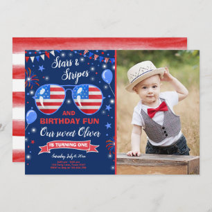 4. Juli US Flaggefirecracker-Geburtstag Einladung