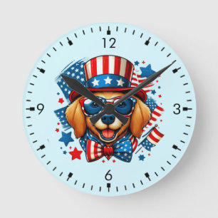 4. Juli USA Patriotischer Hund Unabhängigkeitstag Runde Wanduhr