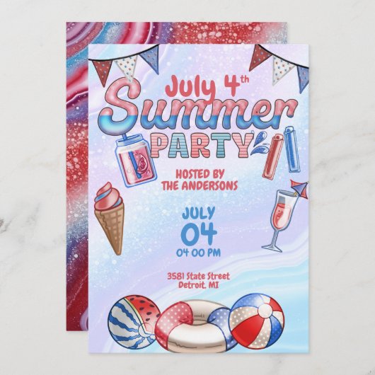 4. Juli USA Summer Pool Party Einladung (Vorne/Hinten)