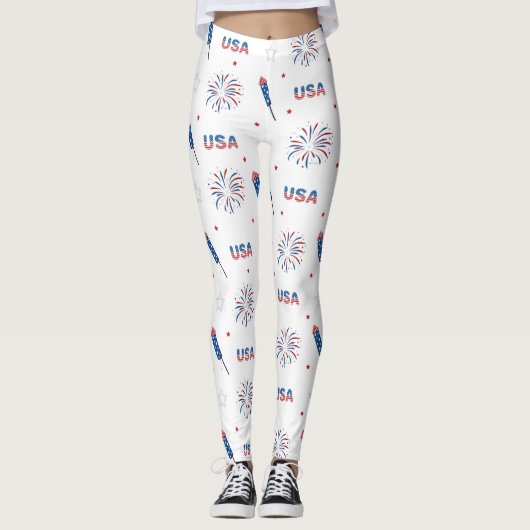 4. Juli USA Unabhängigkeitstag Feuerwerk Weiß Leggings (Vorderseite)