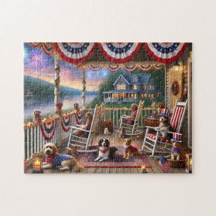 4. Juli-Veranda-Hunde Feuerwerk Sommernacht Puzzle