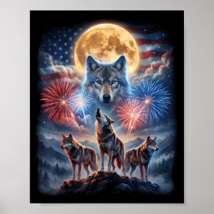 4. Juli Wolf heult bei Mondfeuerwerk USA Poster
