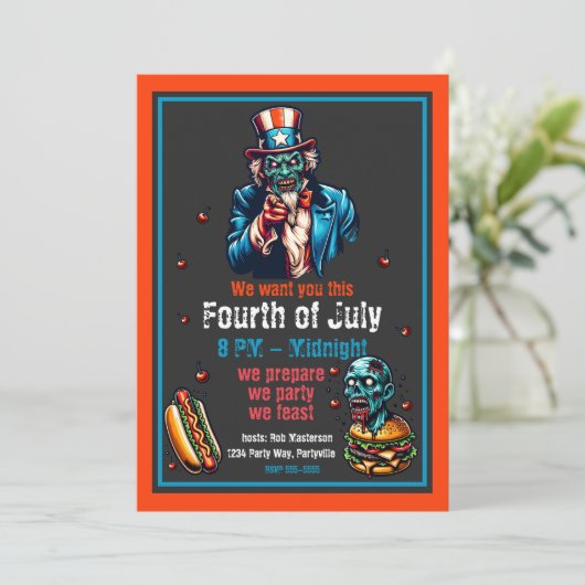 4. Juli Zombie Uncle Sam Einladung (Stehend Vorderseite)