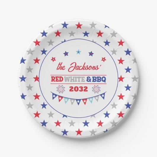 4. july Red white und GRILLEN Familienname patriot Pappteller (Vorderseite)