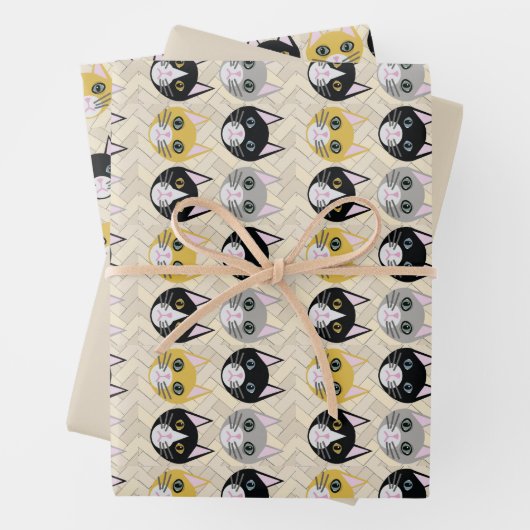 4 Katzen, Herringbone Beige Geschenkpapier Set (Beispiel)