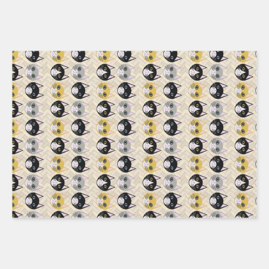 4 Katzen, Herringbone Beige Geschenkpapier Set (Vorderseite)