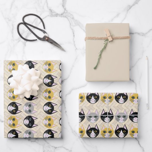 4 Katzen, Herringbone Beige Geschenkpapier Set (Vorderseite)