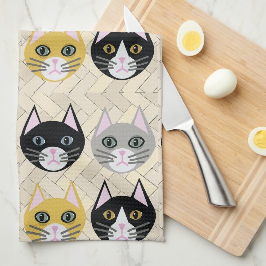 4 Katzen, Herringbone Beige Geschirrtuch (Viertel Falte)