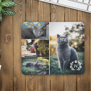 4 Katzenfoto-Collage Pfoten-Lorbeerkranz-Monogramm Mousepad