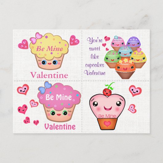 4 Kawaii Cupcake Valentines Cards Feiertagspostkarte (Vorderseite)