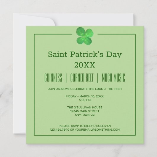 4 Leaf Cloud Irish Kleeblatt St Patricks Day Einladung (Vorderseite)