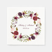 #4 Marsala Burgundy White Roses Blätter Wreath | Serviette (Vorderseite)
