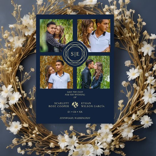 4 Multi Photos Navy Blue & Gold Minimal Initials Magnetkarte