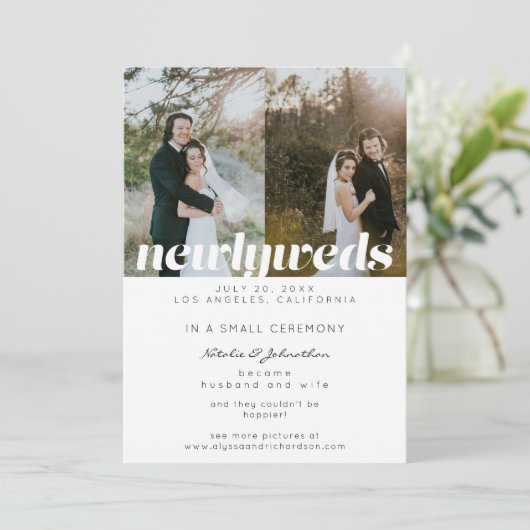 4 Multiple Foto Typografy Newlyweds Ankündigung (Stehend Vorderseite)