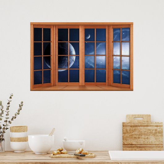 4 Panelierte Holzfenster Illusion des Universums Poster (Küche)