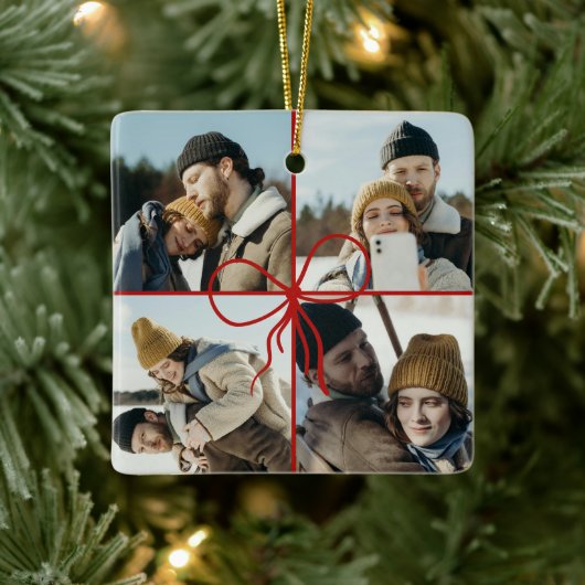 4 Photo Bow Wrap Christmas Newlyweds Modern Keramikornament (Baum)