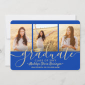 4 Photo Graduation Collage Script Royal Blue Gold Ankündigung (Vorderseite)