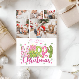 4 Photo Pink Green Bow Tree Merry Christmas Feiertagskarte