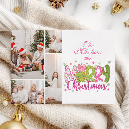 4 Photo Pink Green Bow Tree Merry Christmas Feiertagskarte