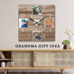 4 Photo Rustic Barn Wood Love You Nana Grandkids  Quadratische Wanduhr<br><div class="desc">Rustic Wood Farmhouse Wall Clock - Farmhouse style wall clocks for the perfect addition to give your kitchen a country decor look.The  barn wood clock is personalized with 4 photos and loving message for grandma and grandchildren names.</div>