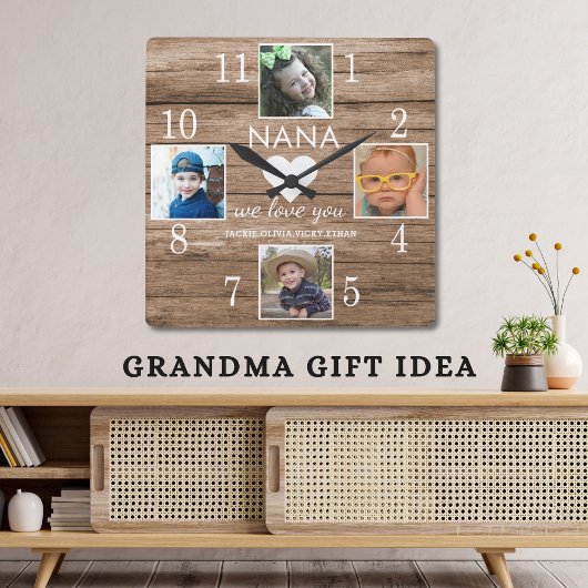 4 Photo Rustic Barn Wood Love You Nana Grandkids Quadratische Wanduhr