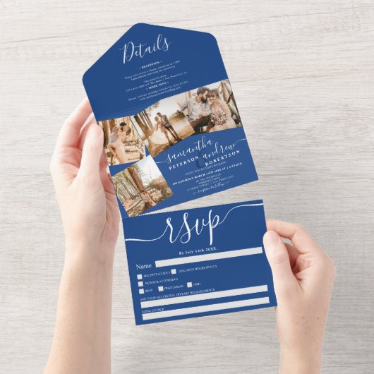 4 Photos blue white modern script wedding All In One Einladung (Abreißen)