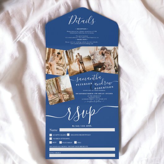 4 Photos blue white modern script wedding All In One Einladung