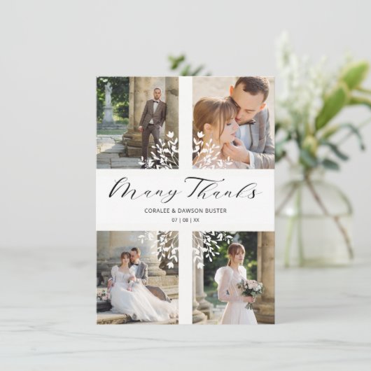 4 Photos Collage Minimalist Branches Wedding Dankeskarte (Stehend Vorderseite)