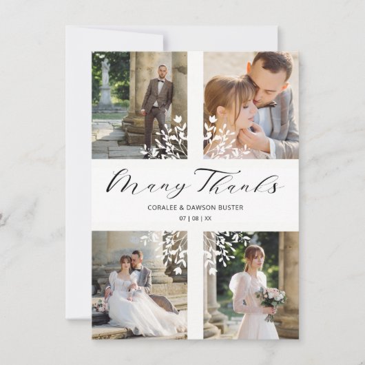 4 Photos Collage Minimalist Branches Wedding Dankeskarte (Vorderseite)