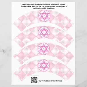 4 Pink Girl Bat Mitzvah Benutzerdefinierte Cupcake Flyer