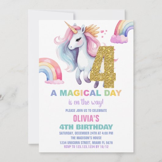 4. Rainbow Unicorn Birthday Einladungen Glitzer (Vorderseite)