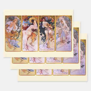 4 Saisons von Alphonse Mucha, Vintager Jugendstil Geschenkpapier Set