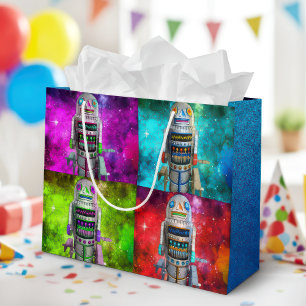 4 Sci-Fi Spielzeugroboter rot-grün-blaue lila Gala Große Geschenktüte