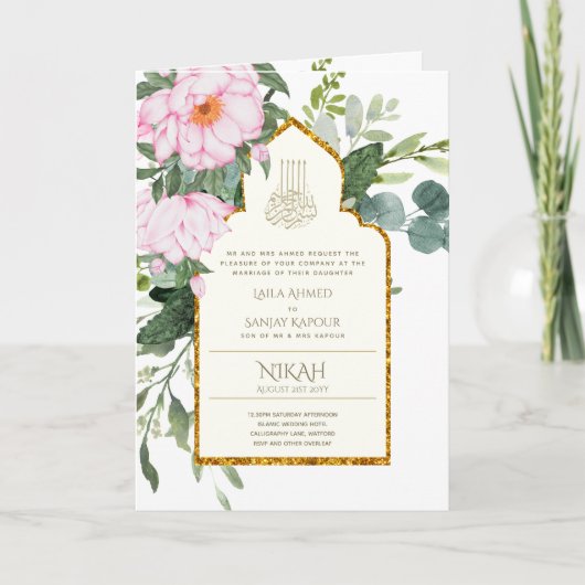 4 Seite NIKAH WALIMA Invite Pink Floral Islamische Karte (Vorderseite)