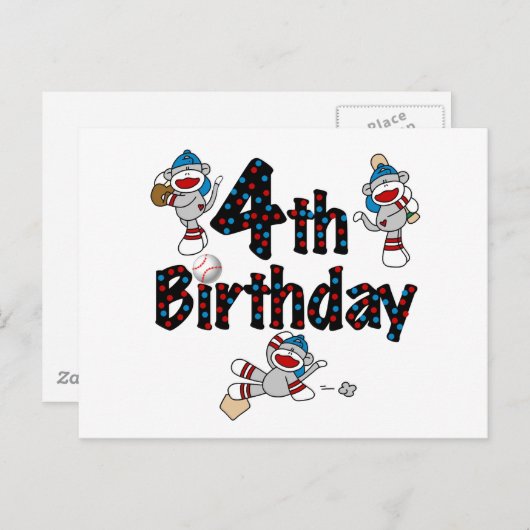 4. Sock Monkey Baseball Geburtstag Postkarte (Vorne/Hinten)