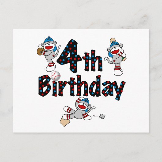 4. Sock Monkey Baseball Geburtstag Postkarte (Vorderseite)