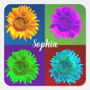 4 Sonnenblumen in 4 farbenfrohen Quadraten, DIY-Na Quadratischer Aufkleber