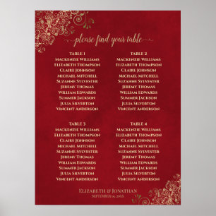 4 Tabelle Crimson Red & Gold Wedding Seekarte Poster