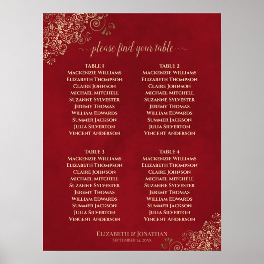 4 Tabelle Crimson Red & Gold Wedding Seekarte Poster (Vorne)