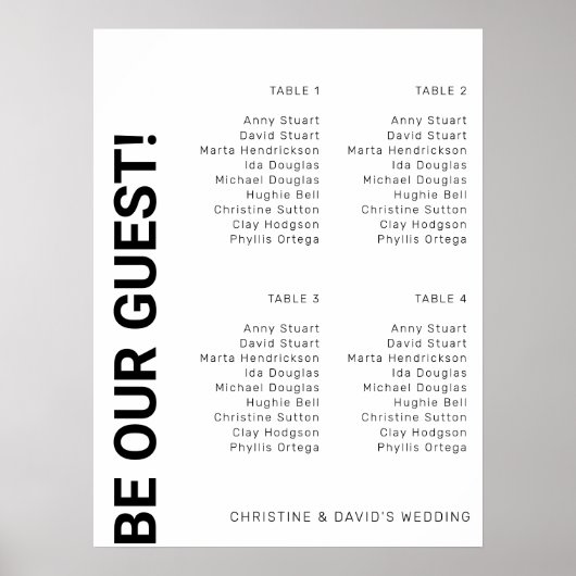 4 Tabelle Einfache White Wedding Chart Poster (Vorne)