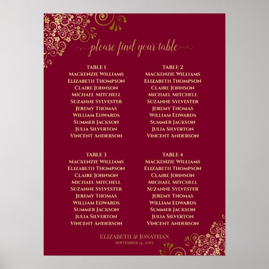 4 Tabelle Elegantes Gold & Burgund Seating Chart Poster (Vorne)