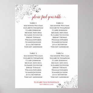 4 Tabelle Frilly Wedding Seating Chart Red auf Wei Poster