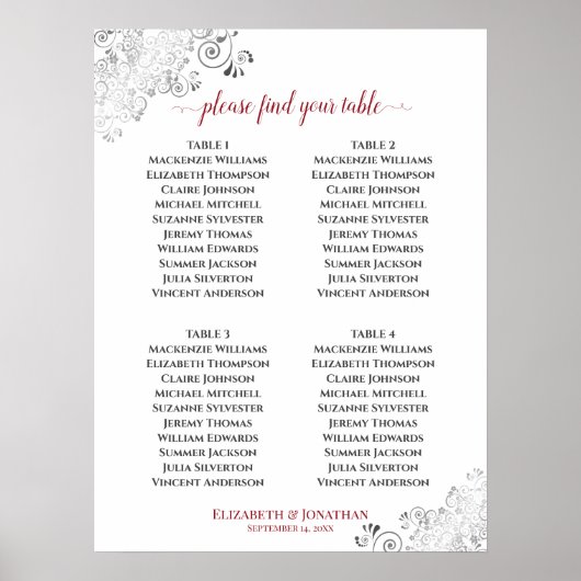 4 Tabelle Frilly Wedding Seating Chart Red auf Wei Poster (Vorne)