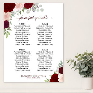 4 Tabelle Rot und Rosa Rosen Hochzeitstabelle Poster