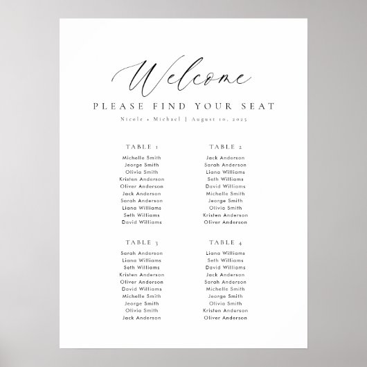 4 Tabellen - Übersicht über die Sitzplätze Poster (Vorne)